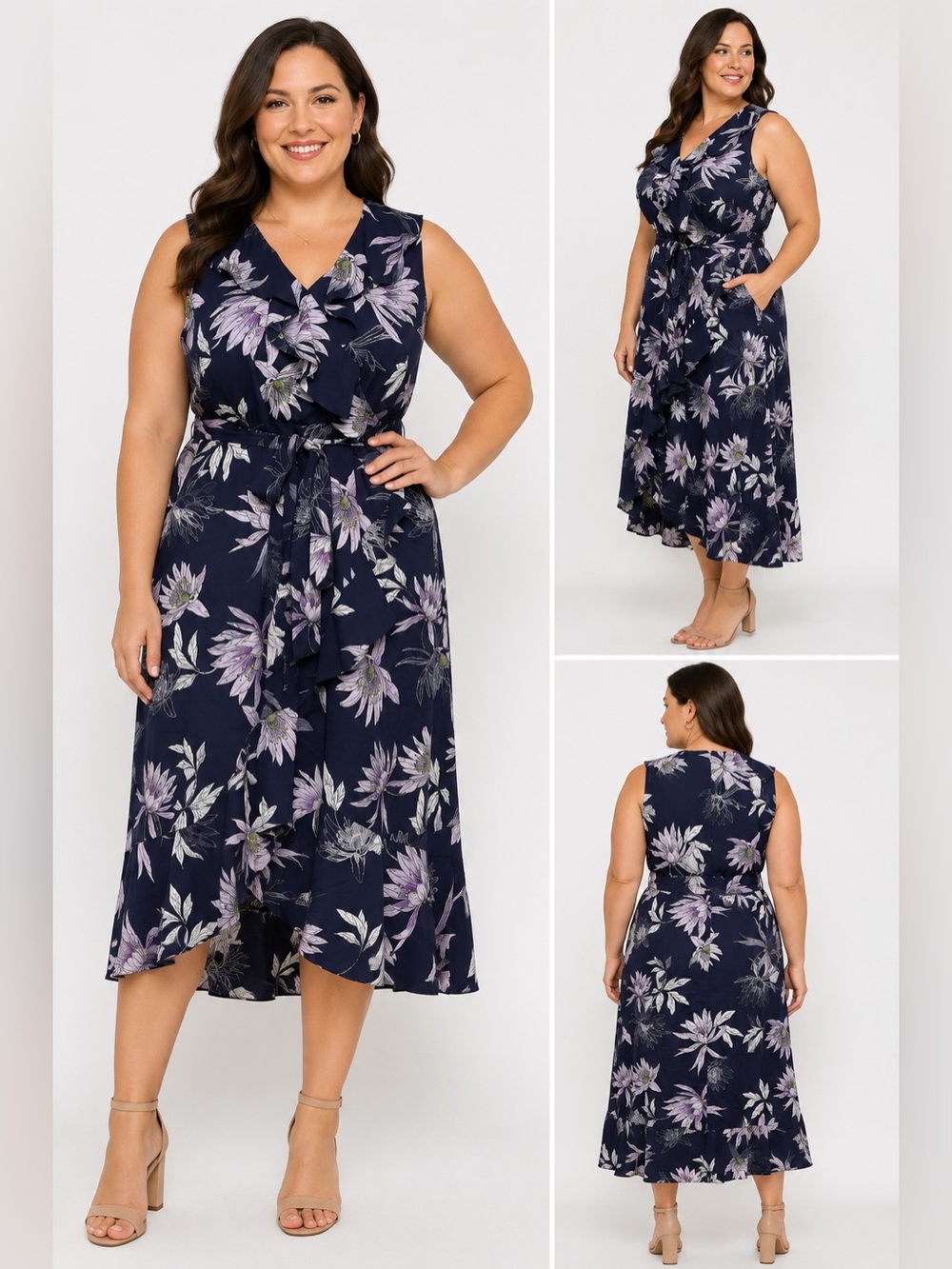 Vince Camuto Floral Ruffle Tie Waist Midi Dress 16W